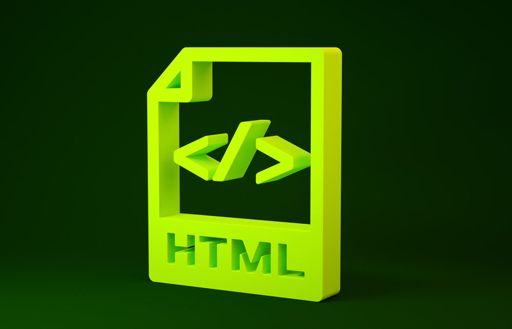 Yellow HTML File Document. Download Html Button Icon Isolated on Green Background. HTML File Symbol. Markup Language Symbol. Minimalism Concept. 3D Illustration 3D Render